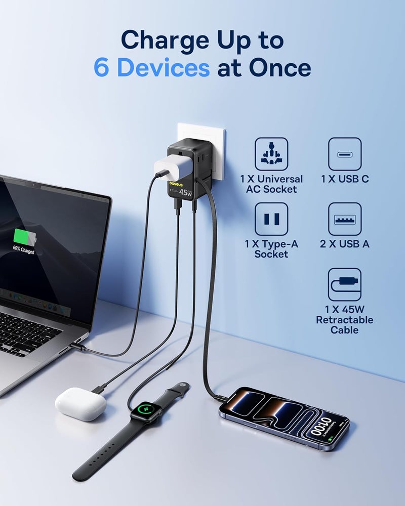 Baseus 45W European Travel Plug Adapter, 6-in-1 Universal Power Adapter with USB-C Retractable Cable, PD Fast Charging GaN International Travel Essentials for Over 200 Countries - Picogo AG11 - Image 4